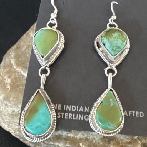 Navajo Green Royston Turquoise Dangle Earrings | Sterling Silver | Authentic Native American Handmade | 16491