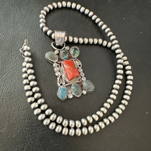 Navajo Turquoise Coral Cluster Pendant Necklace | Sterling Silver | Native American Handmade | 17185
