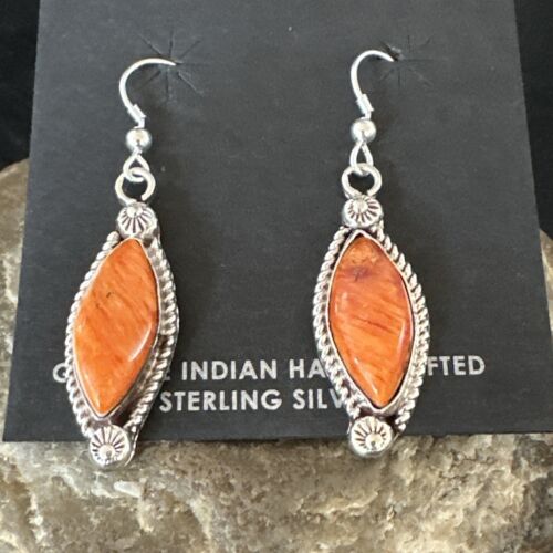 Navajo Orange Spiny Oyster Dangle Earrings | Sterling Silver | Authentic Native American Handmade | 17276
