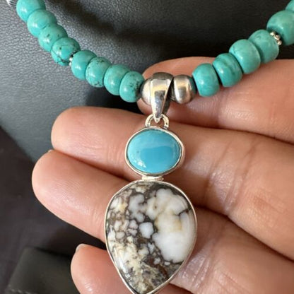 Navajo Wild Horse Blue Kingman Turquoise Necklace | Sterling Silver | Authentic Native American Handmade | 17525