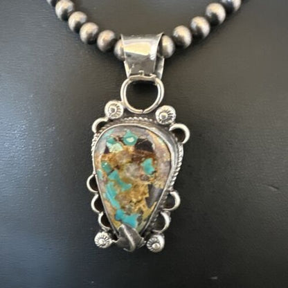 Navajo Blue Turquoise Pendant Necklace | Sterling Silver Pearls | Authentic Native American Handmade | 15657