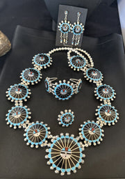 Zuni Ultra Rare Sunface Onyx Turquoise Inlay Squash Blossom Necklace Bracelet | Sterling Silver | 16679