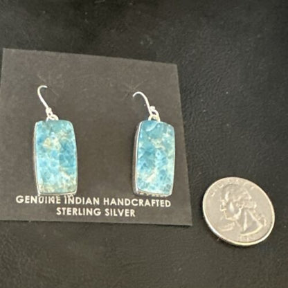 Navajo Blue Turquoise Dangle Earrings | Sterling Silver | Authentic Native American Handmade | 15431