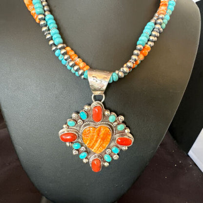 Navajo Turquoise Coral Spiny Heart Pendant | Sterling Silver 3-Strand Necklace | Authentic Native American Handmade | 16303