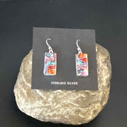 Navajo Blue Turquoise & Red Spiny Oyster Inlay Dangle Earrings | Sterling Silver | Native American Handmade | 15576