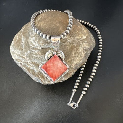 Navajo Red Spiny Oyster Pendant Necklace | Sterling Silver | Authentic Native American Handmade | 16144