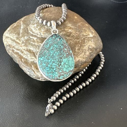 Men's Navajo Blue Spiderweb Turquoise Pendant Necklace | Sterling Silver | Authentic Native American Handmade | 16208