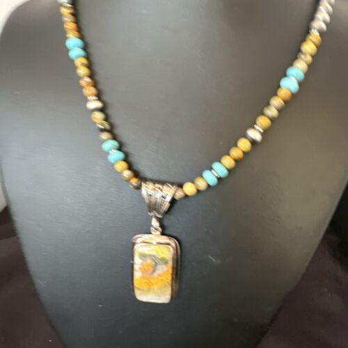 Men's BumbleBee Jasper Pendant Necklace | Navajo Pearls | Sterling Silver | Authentic Native American Handmade | 16882