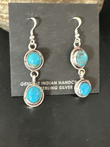 Kingman Turquoise Dangle Earrings | Navajo Sterling Silver | Authentic Native American Handmade | 14865