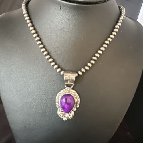 Navajo Purple Sugilite Pendant with Pearls | Sterling Silver Necklace | Authentic Native American Handmade | 15452