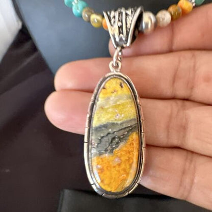 Navajo BumbleBee Jasper Pendant with Pearls | Sterling Silver Necklace | Authentic Native American Handmade | 16877