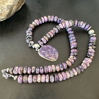 Navajo Purple Charoite Pendant with Pearls | Sterling Silver Necklace | Authentic Native American Handmade | 16337