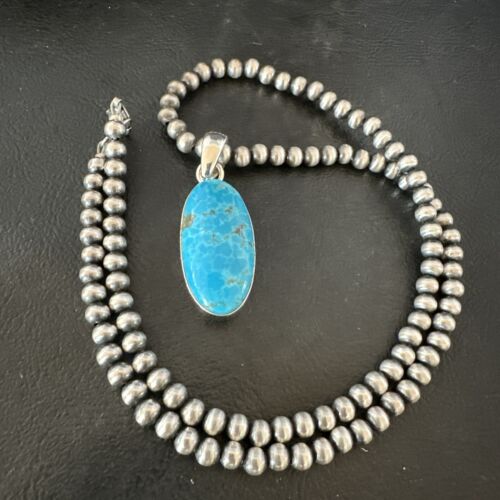Navajo Blue Kingman Turquoise Pendant with Pearls | Sterling Silver Necklace | 20" | 16993