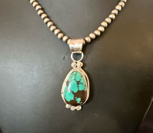 Navajo Blue Spiderweb Turquoise Pendant Necklace | Sterling Silver | Authentic Native American Handmade | 17117