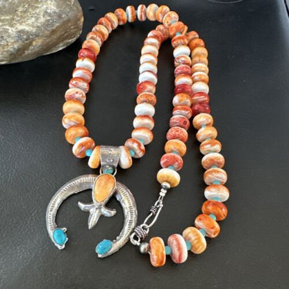 Navajo Blue Turquoise Spiny Oyster Naja Pendant Necklace | Sterling Silver | Authentic Native American Handmade | 16262