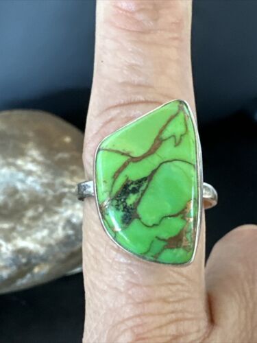 Navajo Green Mojave Turquoise Adjustable Ring | Sterling Silver | Sz 9 | Authentic Native American Handmade | 15928