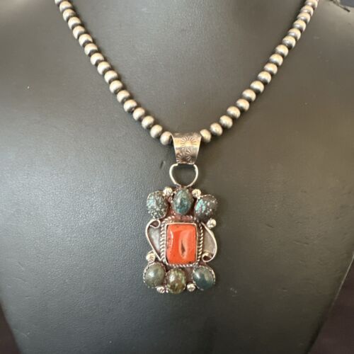 Navajo Turquoise Coral Cluster Pendant Necklace | Sterling Silver | Authentic Native American Handmade | 17186