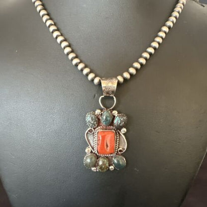 Navajo Turquoise Coral Cluster Pendant Necklace | Sterling Silver | Authentic Native American Handmade | 17186