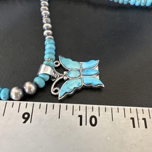 Navajo Butterfly Blue Ridge Turquoise Inlay Pendant Necklace | Sterling Silver | Native American Handmade | 16486