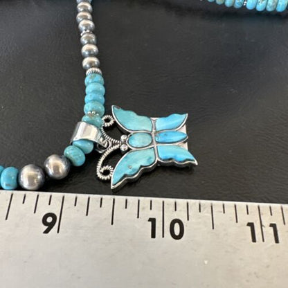 Navajo Butterfly Blue Ridge Turquoise Inlay Pendant Necklace | Sterling Silver | Native American Handmade | 16486