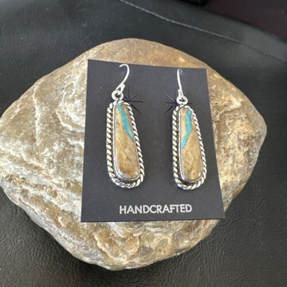 Navajo Blue Boulder Turquoise Dangle Earrings | Sterling Silver | Authentic Native American Handmade | 16498