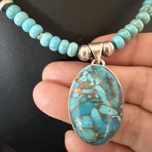 Navajo Blue Mojave Turquoise Pendant | Sterling Silver Pearl Necklace | Authentic Native American Handmade | 17079