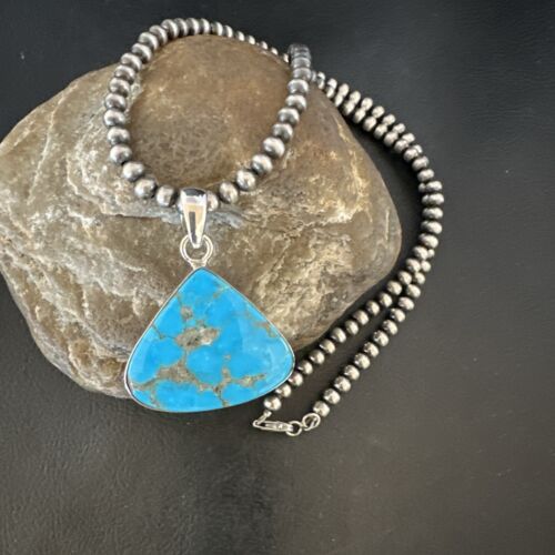Navajo Blue Kingman Turquoise Pendant Necklace | Sterling Silver | 20" | Authentic Native American Handmade | 17002