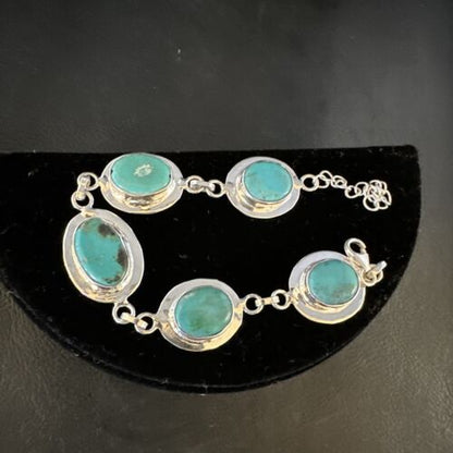 Navajo Blue Turquoise Link Bracelet | Sterling Silver | 8" | Authentic Native American Handmade | 15477
