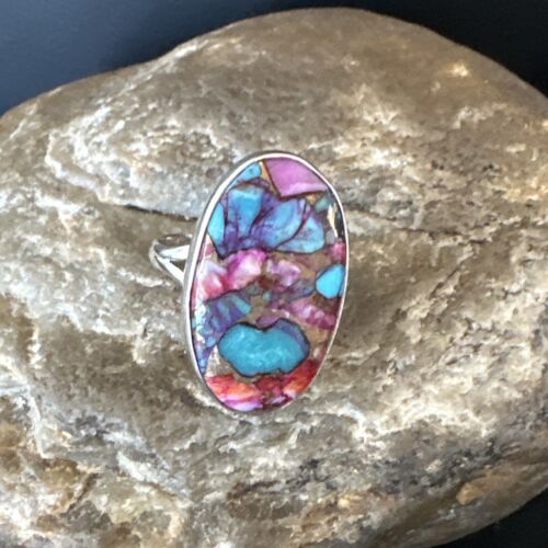 Navajo Turquoise Spiny Oyster Ring | Sterling Silver | Sz 8 | Authentic Native American Handmade | 16610