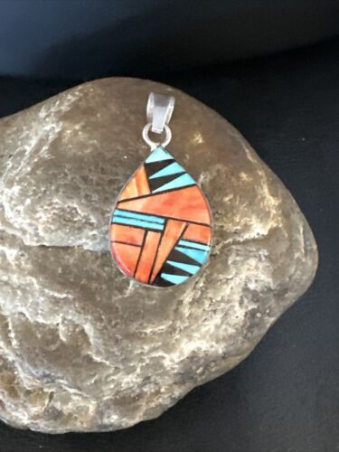 Women's Blue Turquoise & Spiny Oyster Inlay Pendant | Navajo Sterling Silver | Authentic Native American Jewelry | 15196