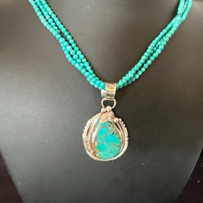 Navajo Blue Turquoise Pendant | Sterling Silver 3-Strand Bead Necklace | 17" | Authentic Native American Handmade | 15997