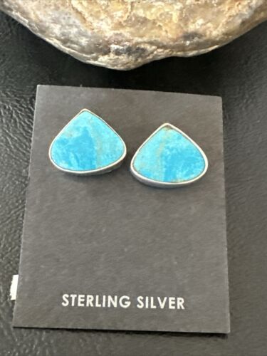 Navajo Blue Kingman Turquoise Post Stud Earrings | Sterling Silver | Authentic Native American Handmade | 17482