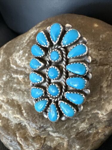 Navajo Blue Turquoise Cluster Ring | Authentic Native American Sterling Silver | Multi-Stone | Sz 10 | 16327