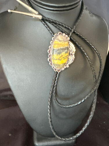 Men's Yellow Bumblebee Jasper Bolo Tie | Navajo Sterling Silver | Authentic Native American Handmade | 15013