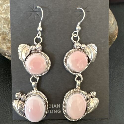 Navajo Pink Conch Shell Dangle Earrings | Sterling Silver | Authentic Native American Handmade | 17213