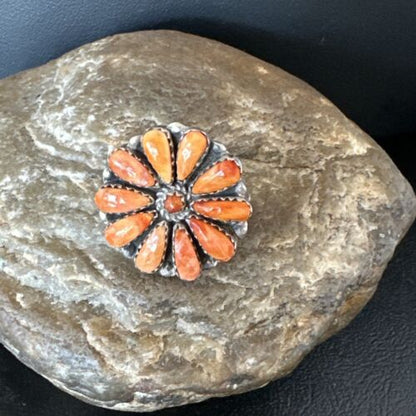 Navajo Orange Spiny Oyster Cluster Ring | Authentic Native American Sterling Silver | Multi-Stone | Sz 8 | 16331