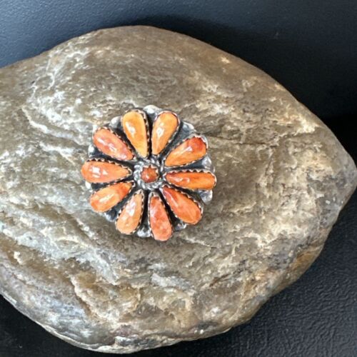 Navajo Orange Spiny Oyster Cluster Ring | Authentic Native American Sterling Silver | Multi-Stone | Sz 9 | 16332