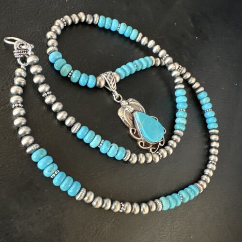 Navajo Blue Turquoise Pendant with Pearls | Sterling Silver Necklace | Authentic Native American Handmade | 15419