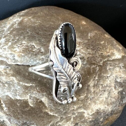 Navajo Black Onyx Ring | Sterling Silver | Sz 7.5 | Authentic Native American Handmade | 15406