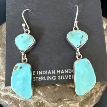 Navajo Blue Kingman Turquoise Dangle Earrings | Sterling Silver | Authentic Native American Handmade | 15118