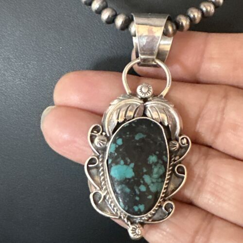 Navajo Blue Spiderweb Turquoise Pendant Necklace | Sterling Silver | Native American Handmade | 15096