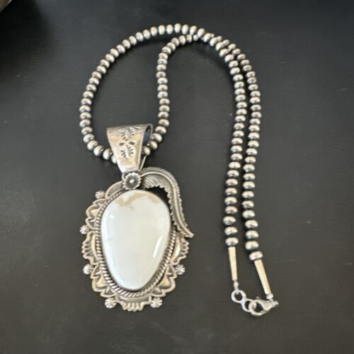 Navajo White Buffalo Turquoise Pendant Necklace | Sterling Silver | Authentic Native American Handmade | 15618