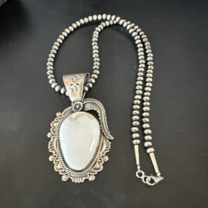 Navajo White Buffalo Turquoise Pendant Necklace | Sterling Silver | Authentic Native American Handmade | 15618