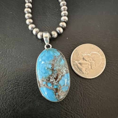 Navajo Blue Spiderweb Turquoise Pendant Necklace | Sterling Silver | Authentic Native American Handmade | 17017