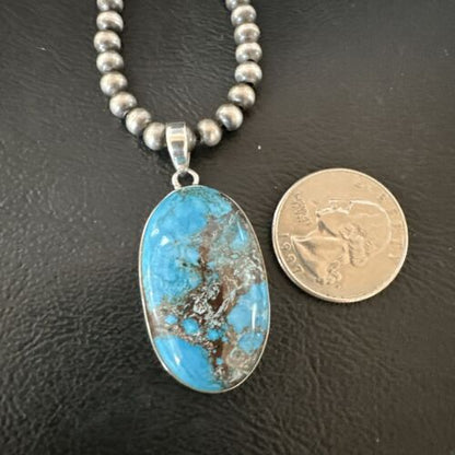 Navajo Blue Spiderweb Turquoise Pendant Necklace | Sterling Silver | Authentic Native American Handmade | 17017