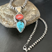 Navajo Blue Turquoise Red Spiny Oyster Pendant Necklace | Sterling Silver | Multi-Stone | 16291