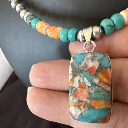 Navajo Spiny Turquoise Pendant Necklace | Sterling Silver | 22" | Authentic Native American Handmade | 17432
