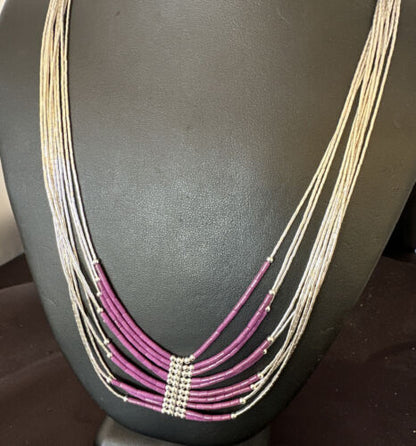 Navajo Sugilite 10-Strand Sterling Liquid Silver Tube Heishi Necklace 22" | Handmade | 16318
