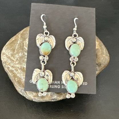 Navajo Blue Green Turquoise Dangle Earrings | Sterling Silver | 1.5" | Authentic Native American Handmade | 17385