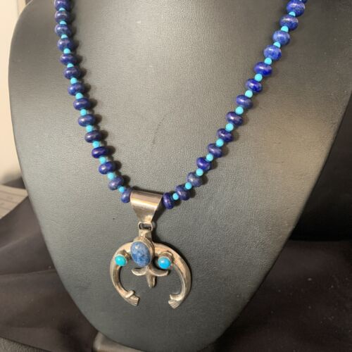 Navajo Blue Denim Lapis Turquoise Naja Pendant Necklace | Sterling Silver | Native American Handmade | 13701